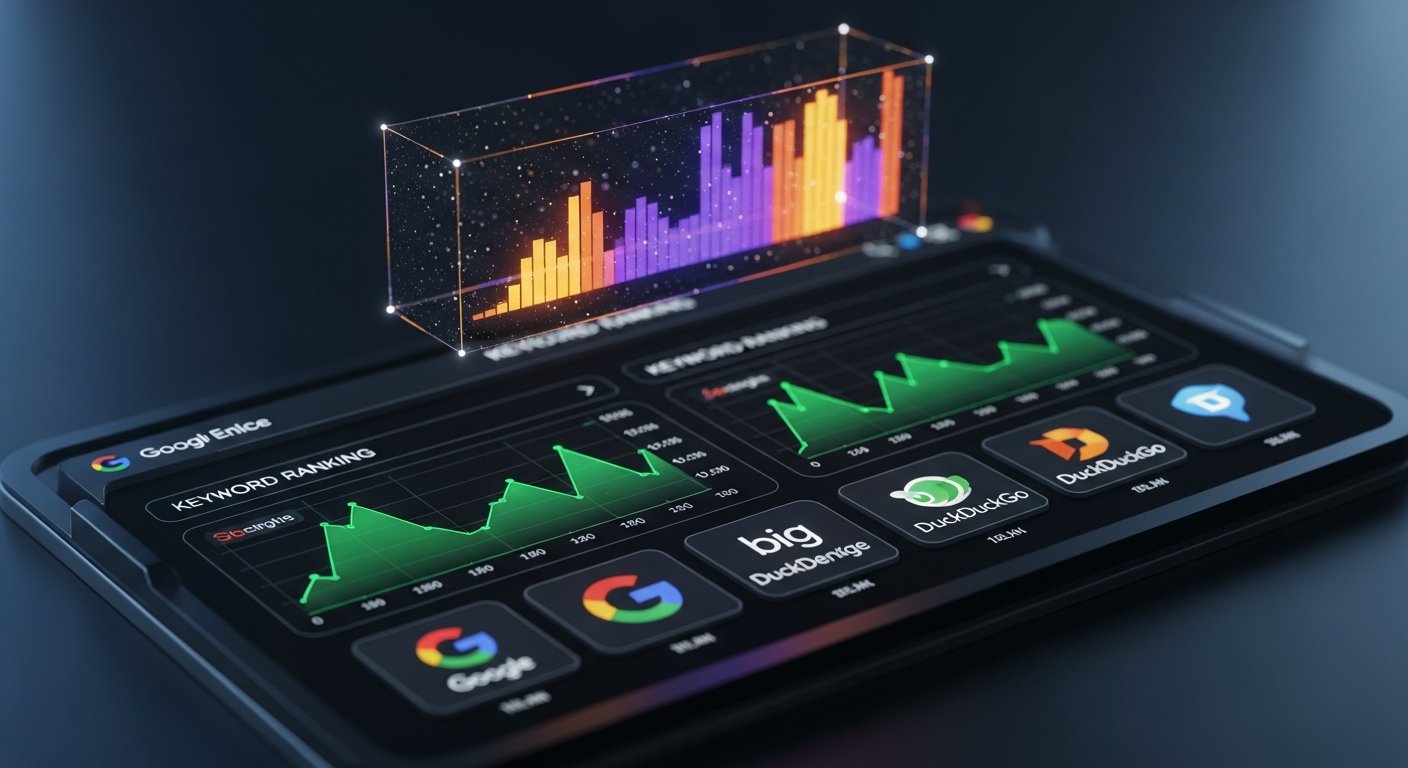 AI_IMAGE: Dark futuristic dashboard interface showing keyword ranking charts with glowing green data lines against a black background, multiple search engine icons arranged in a grid, holographic data visualization with amber and violet accent highlights, moody cinematic lighting | digital-art | landscape